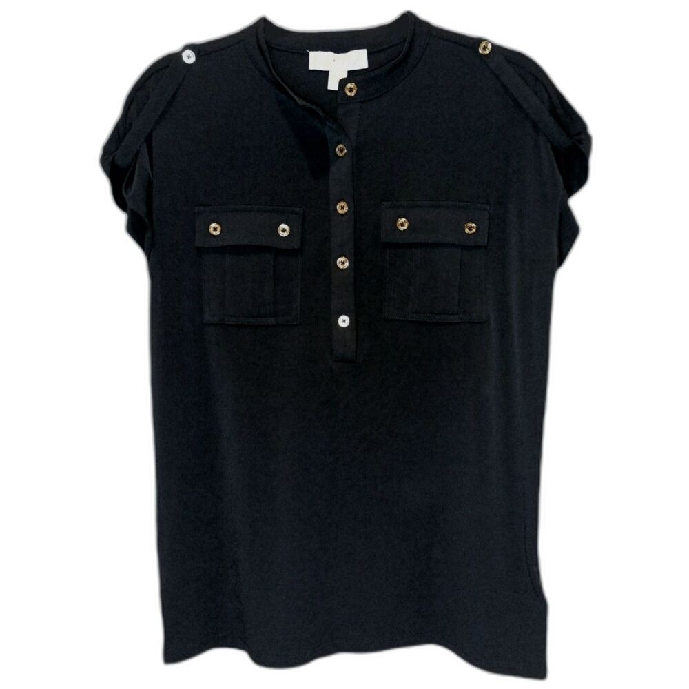 NWT Michael Kors Black Short Sleeve Pocket Top Size S Old Money Minimalist Work